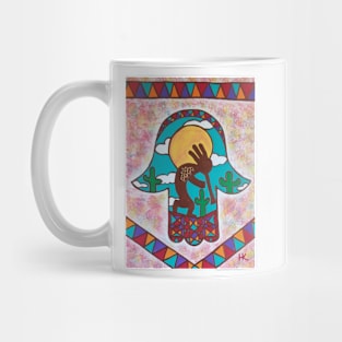 Kokopelli Hamsa by Harriette Knight Mug